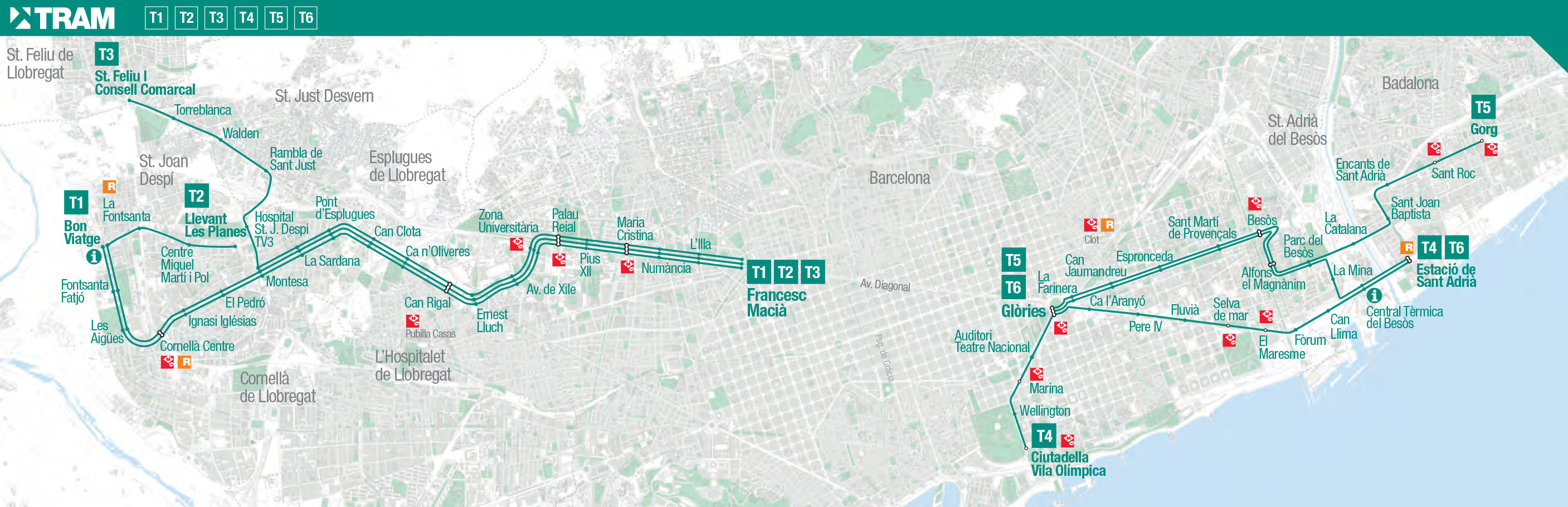 Straßenbahn netzplan und karte von Barcelona stationen